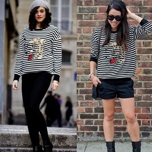 ZARA Striped Tiger Embroidery Sweater in Black and White SZ S Sailor core